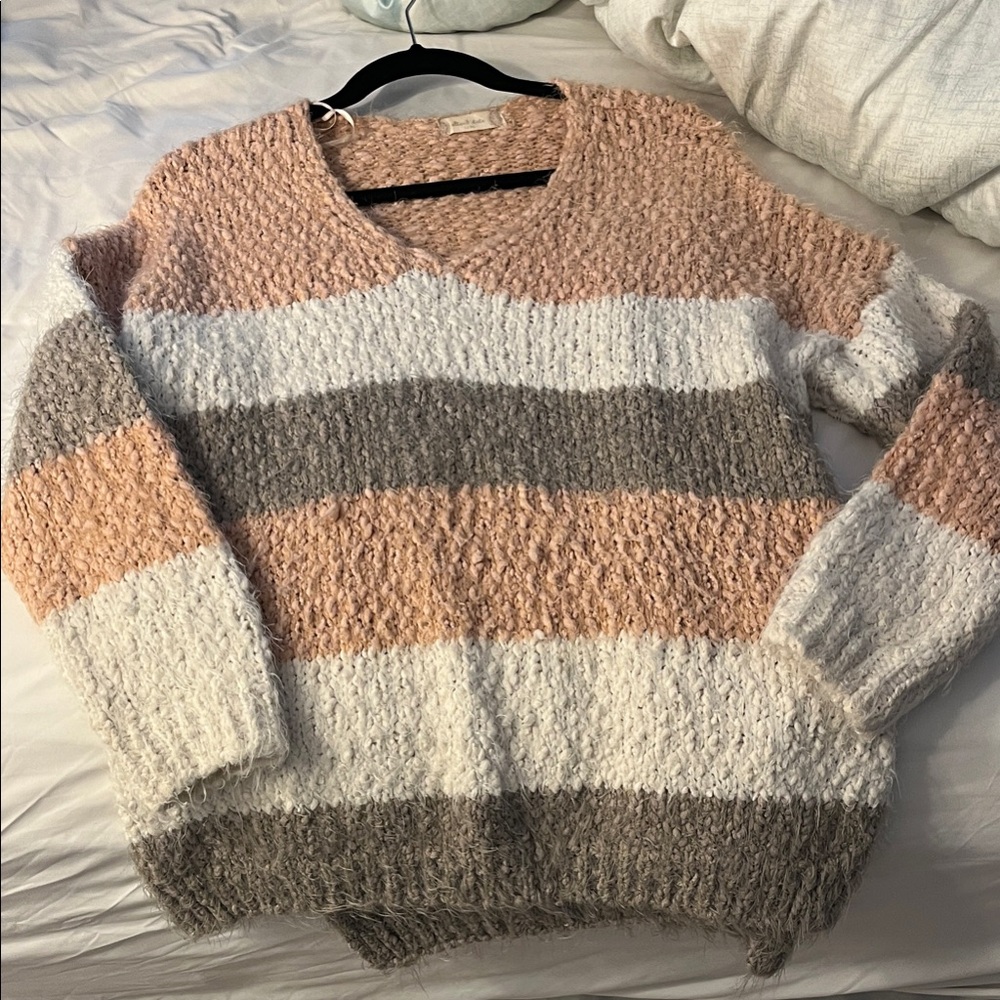 Altar'd State V-Neck Striped Sweater - Pink, Gray, White, Tan, perfect condition